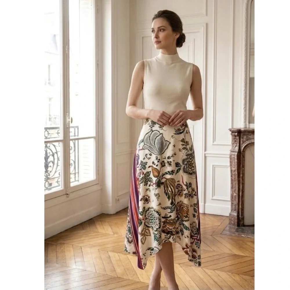 Tory Burch Marie Silk Skirt Floral Asymmetrical Handkerchief Midi Size 12 New